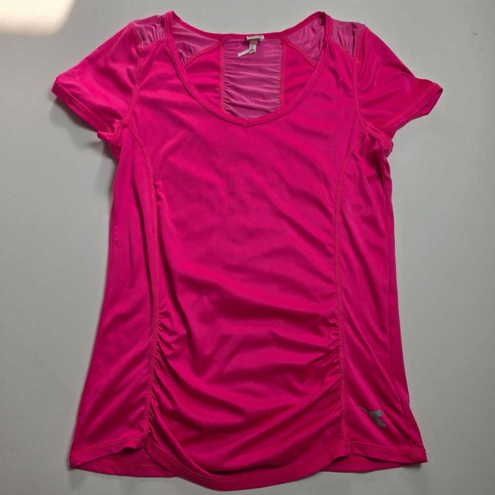 Diadora Ruched Back Mesh Panel Activewear V-Neck T-Shirt Pink Medium
